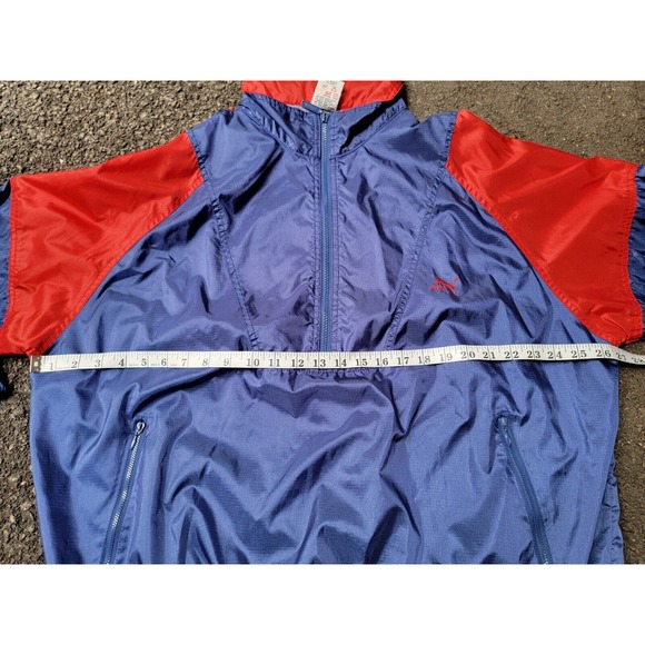 Vintage Puma Nylon Rain Jacket Mens XL Blue Red Hooded Vented Running 1/4 Zip - Picture 6 of 9